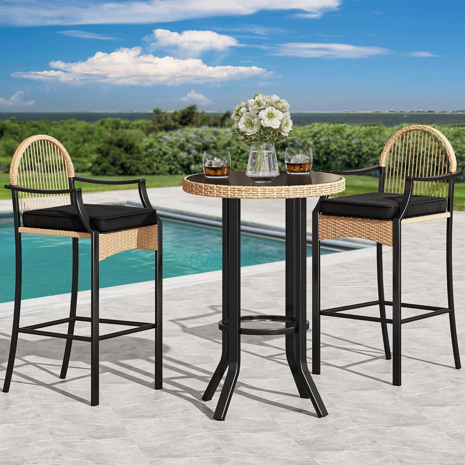 Patio Bar Table Sets, 3Piece Outdoor Wicker Bar Height Bistro With
