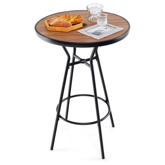 Patio Bar Table with Umbrella Hole, 28 Outdoor Bar Height Table with Faux Wooden Top, Footrest, Patio Bistro Table for Poolside, Backyard, Garden