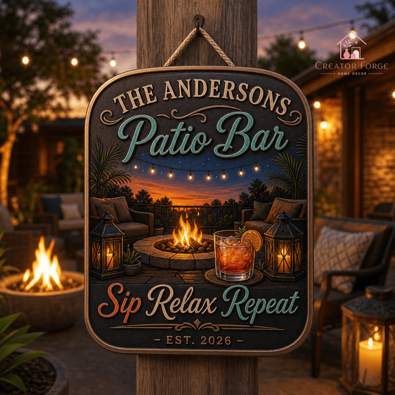 Patio Bar Wooden Sign with Fire Pit Scene, Sip Relax Repeat Backyard Gift
