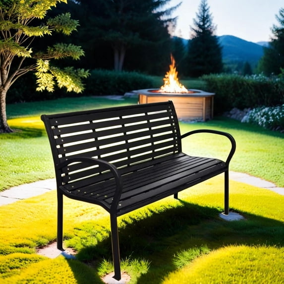 Patio Bench 45.7in WPC & Steel Outdoor Seating | Black | Slat Back