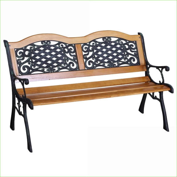 Patio Bench 50 Inch, Traditional Antique Wood Seat Metal Frame, Teak Finish for Backyard Deck Pool Porch | Natural | Wood