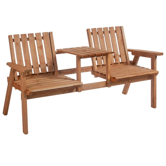 Patio Bench, Fir Wood Outdoor Garden Bench with Middle Chat Table and Umbrella Hole, Slatted Seating for Porch, Poolside, Balcony, Orange, 59.75" L x 27.5" W x 32.75" H, 550 lbs Cap.