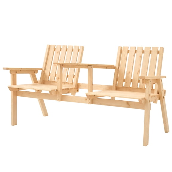 Patio Bench with Table & Umbrella Hole, Wooden Outdoor Bench for 2, Garden Furniture for Patio, Porch, Balcony, Natural Finish