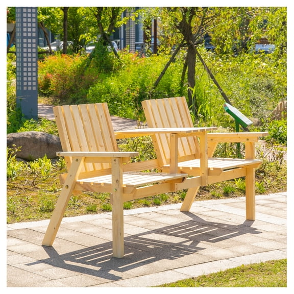 Patio Bench with Table & Umbrella Hole, Wooden Outdoor Bench for 2, Garden Furniture for Porch, Balcony, Natural Fir Wood