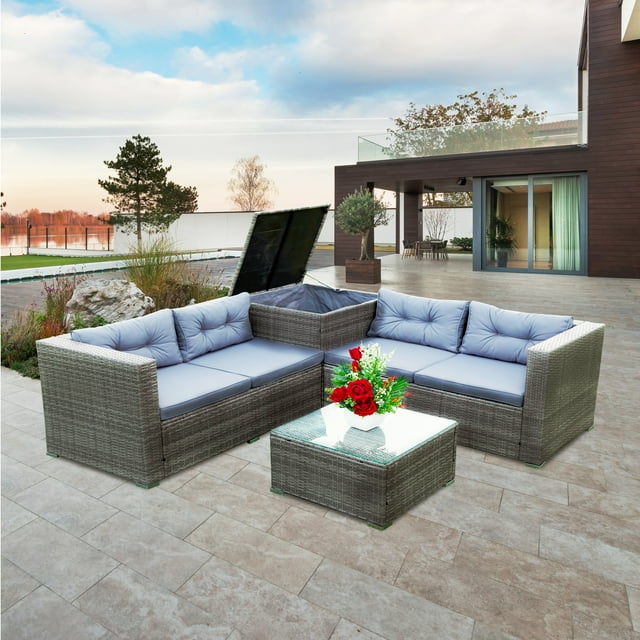 Patio Bistro Dining Chair Furniture Sets, 4 Pieces Patio Furniture Sets with Glass Coffee Table & Storage Box, Leisure Chair Conversation Set with Soft Cushion for Garden Poolside, Grey, SS2174