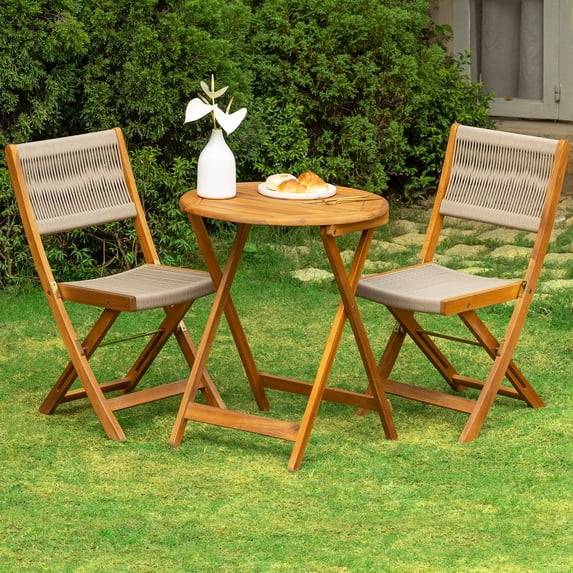 Patio Bistro Folding Sets, 1 Round Table with 2 Rope Chairs, FSC Acacia Wood, Summer Leaf