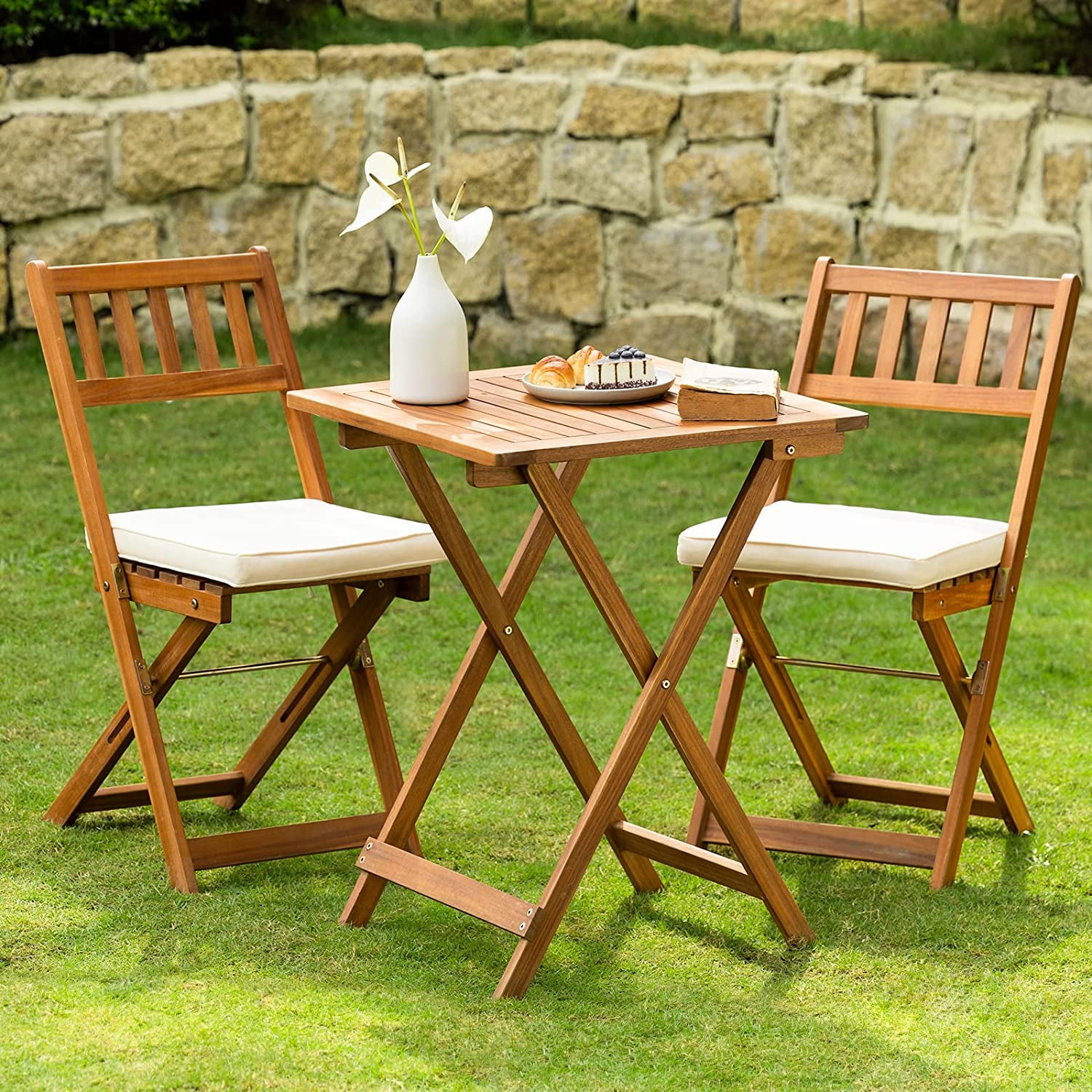 Patio Bistro Folding Sets, 1 Square Table with 2 Cushion Chairs, FSC Acacia Wood, Morning Sand