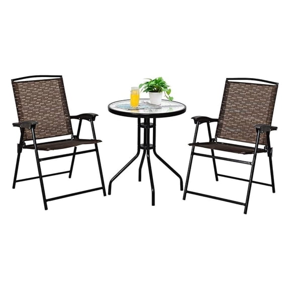 Patio Bistro Set, 3 Piece Outdoor Furniture Set w/Round Table & 2 Folding Chairs, Tempered Glass , Bistro Table and Chairs for Balcony, Porch, Courtyard, Brown
