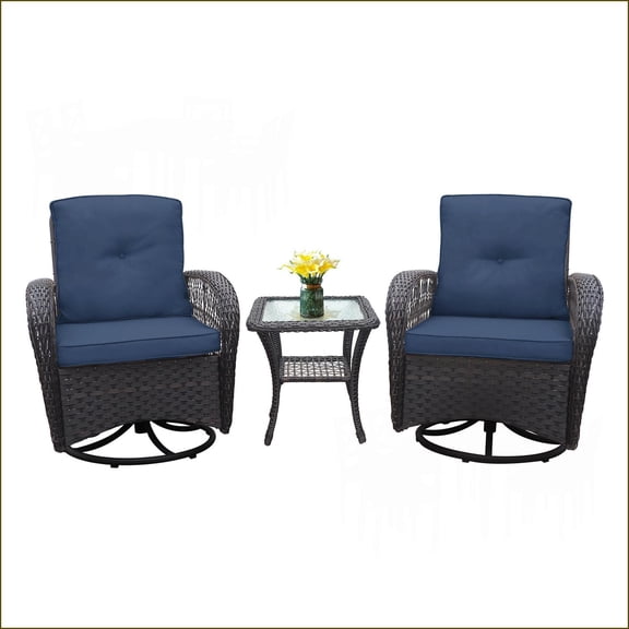 Patio Bistro Set, 3-Piece Outdoor Wicker Rocker Swivel Set with Glass Table | Navy Blue | Metal Frame