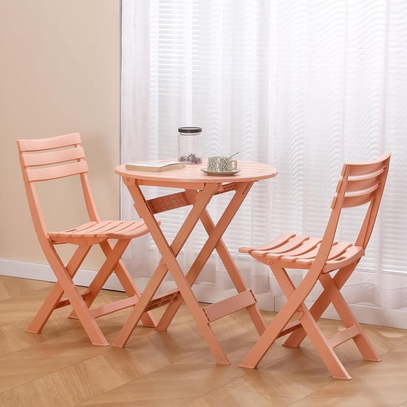Patio Bistro Set, 3 Piece Plastic Folding Bistro Set, Portable Outdoor Patio Table and Chairs Set, Foldable Patio Furniture Set for Balcony, Porch, Backyard, Garden,Poolside (Pink)