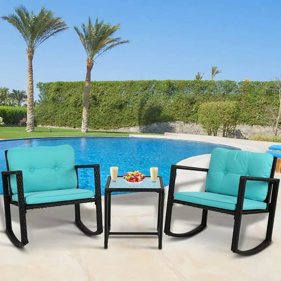 Patio Bistro Set 3 Piece Wicker Rocking Chairs Outdoor Furniture Woven Rattan Chair with Coffee Table Sets Outdoor Furniture Rattan Patio Chairs with Cushion Conversation Sets, Blue