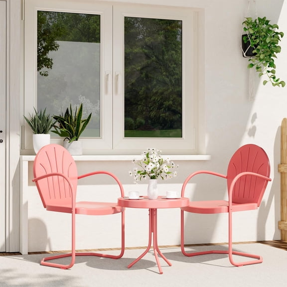 Patio Bistro Set Retro Metal Outdoor Seating Conversation 3 Pieces, 2 C-Spring Motion Armchairs and Round Side Table, for Porch, Lawn, Garden (Pink)