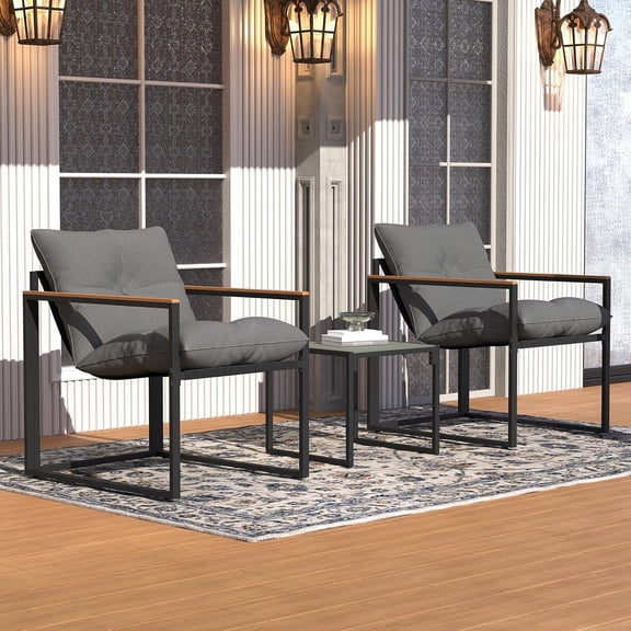 Patio Bistro Set Small Balcony Furniture for Apartments (Gray), 3 Piece Patio Chairs Set of 2 with Table & Thick Cushions, Furniture Set for Outdoor, Porch, Garden, Backyard