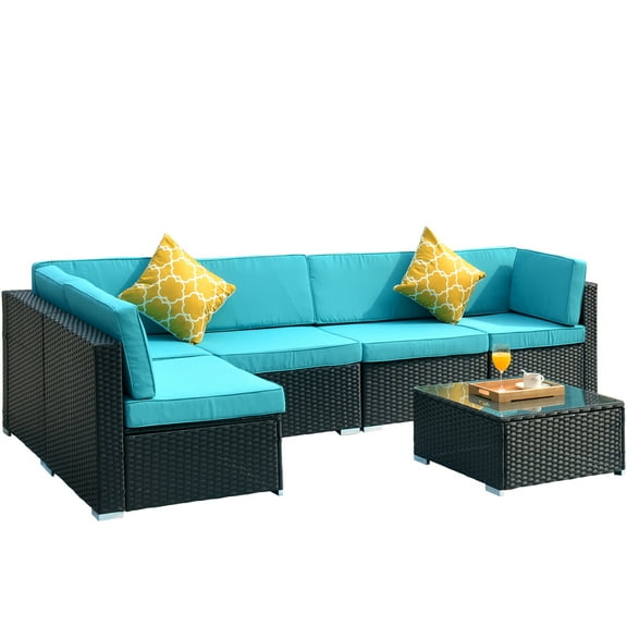 Patio Bistro Sofa Sets Furniture for Outdoor Patio, 7-Piece Wicker Patio Conversation Set w/L-Corner Sofa, R-Corner Sofa, 2 Pillows, Glass Table, 2 Middle Sofa, Single Sofa, Padded Cushions, S7466
