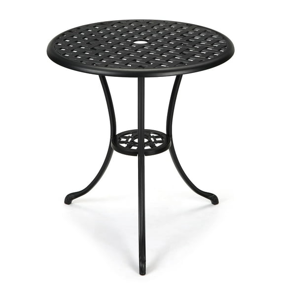 Patio Bistro Table,Small Outdoor Bistro Table,23.6" Round Outdoor Coffee Table with Umbrella Hole,26'' High Outdoor Cast Aluminum Bistro Table Side Table with Iron Frame for Balcony Backyard Lawn