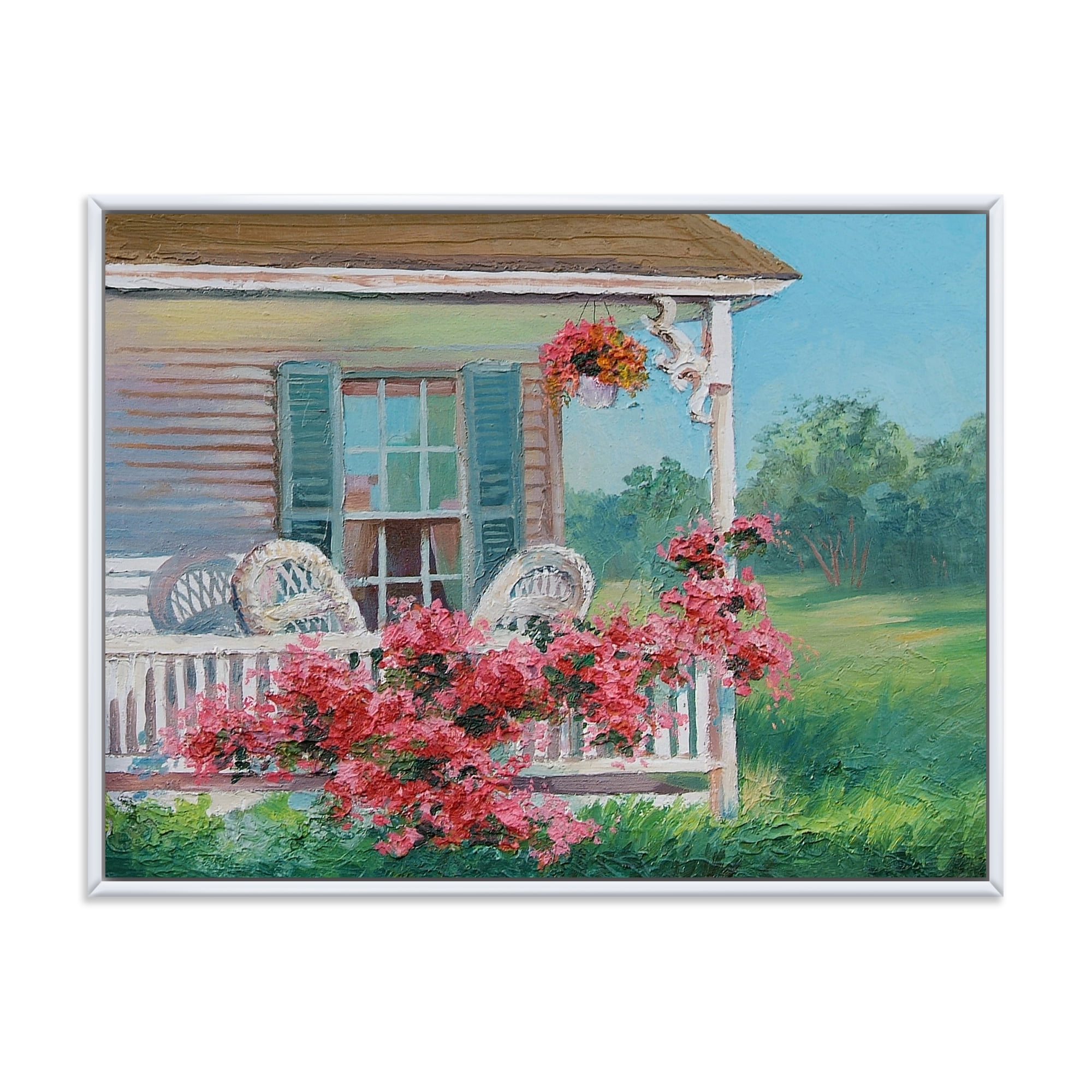 Patio & Blossiming Red Flowers With Wooden House 20 in x 12 in Framed Painting Canvas Art Print, by Designart