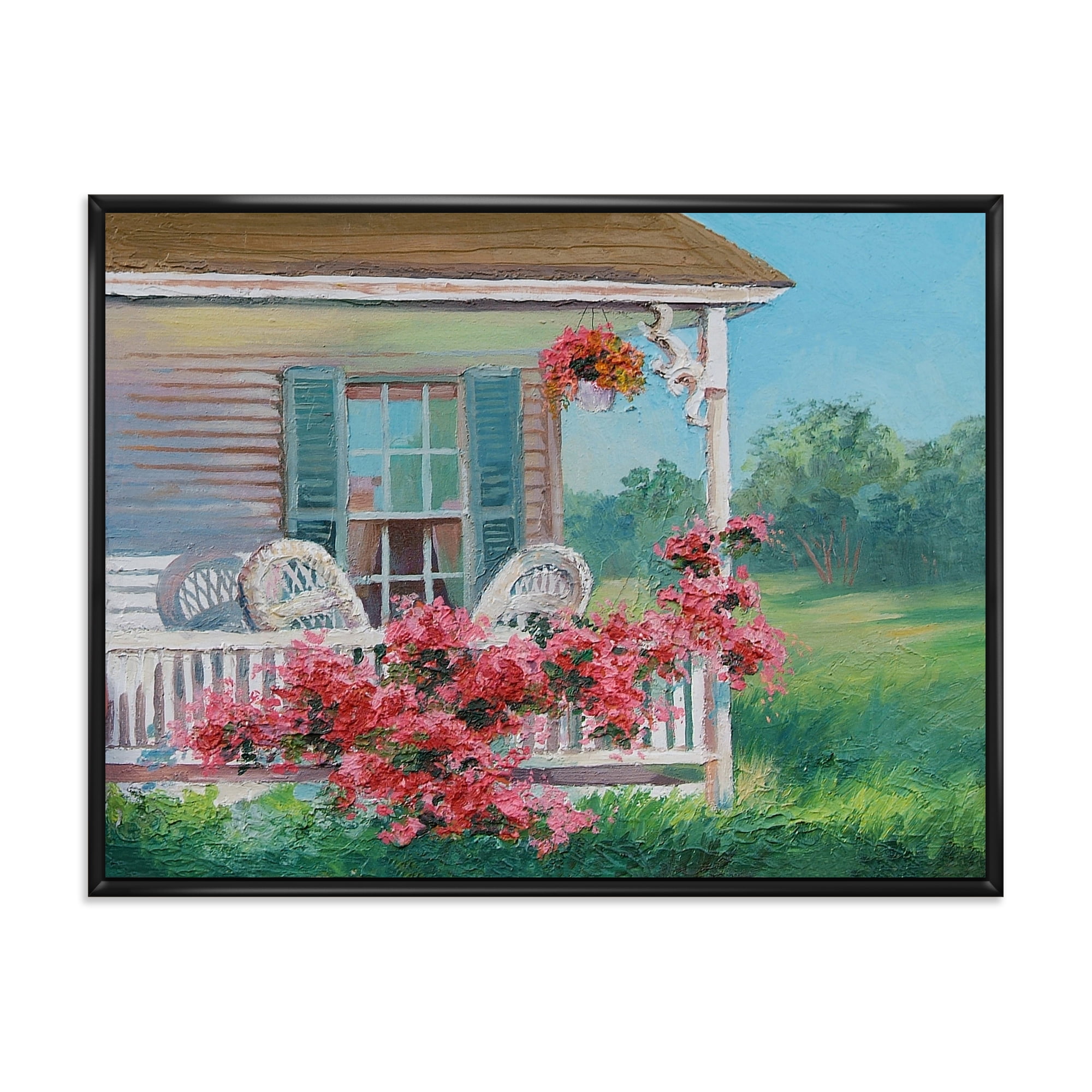 Patio & Blossiming Red Flowers With Wooden House 32 in x 24 in Framed Painting Canvas Art Print, by Designart