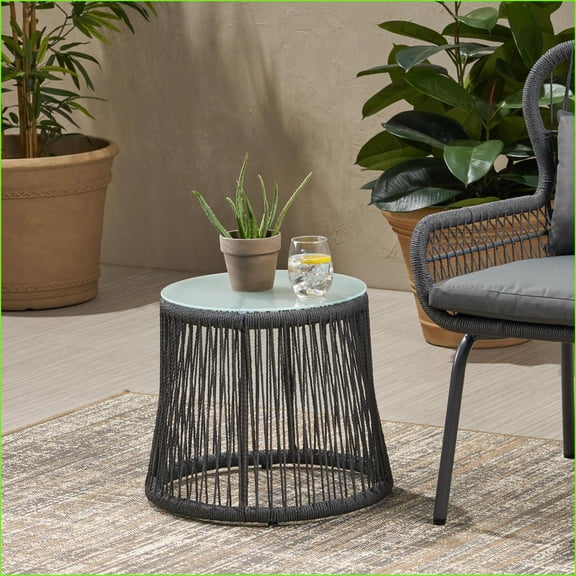Patio Boho Outdoor Side Table, Gray Steel & Woven Rope Frame, Tempered Glass Top, 18.75x18.75x16.25 | Gray | Woven Rope