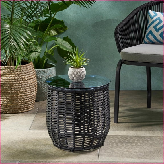 Patio Boho Side Table, 15.5 Cube Rattan & Tempered Glass | Rattan | Black