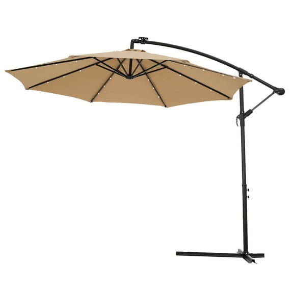 Patio Cantilever Offset Market Umbrella, SYNGAR 10ft Outdoor UV/Rain Protection Umbrella, Backyard Hanging Umbrella with Solar Panel, Crank, 8 Steel Ribs & 24 LED Lights, for Garden, Lawn, Taupe, D849