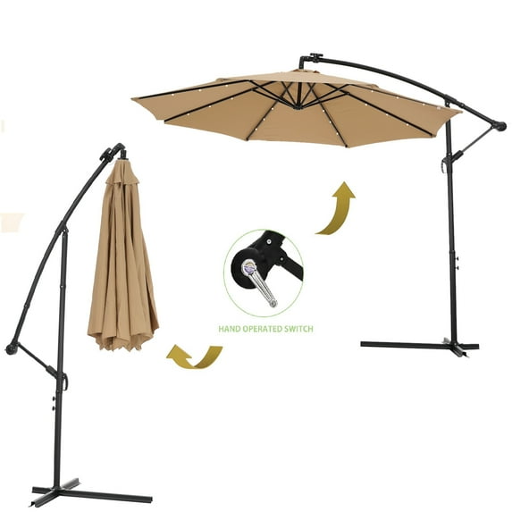 10ft Outdoor Offset Hanging Umbrella, SYNGAR Patio Cantilever Market Umbrella with Solar Panel, Crank, 24 LED Lights and 8 Steel Ribs, UV Resistant Outdoor Umbrella for Yard, Garden, Pool, Taupe, D847