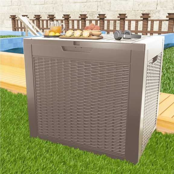 Decksplore 30 Gallon Deck Box Lockable Resin Outdoor Storage Box, Waterproof Outdoor Container, for Storing Furniture Cushions, Pillow, Tools Brown