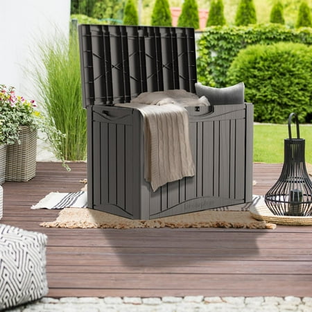 Decksplore Casual 45 Gallon Lockable Resin Deck Box, Waterproof & Outdoor Storage Box for Outdoor Cushion Storage and Outdoor Delivery Storage, Stylish Outdoor Bench,Light coffee