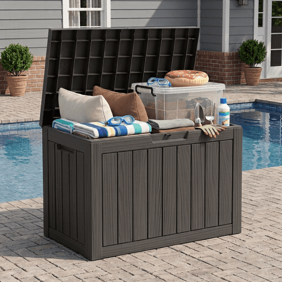 Decksplore 55 Gallon Resin Deck Box, Waterproof Outdoor Patio Storage Box for Garden Tools, Black
