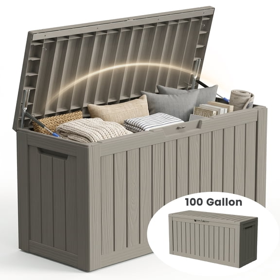 Decksplore Outdoor Storage Box, 100 Gallon Waterproof Deck Box, Soft-Close Outside Storage Box Waterproof for Pool, Light Brown