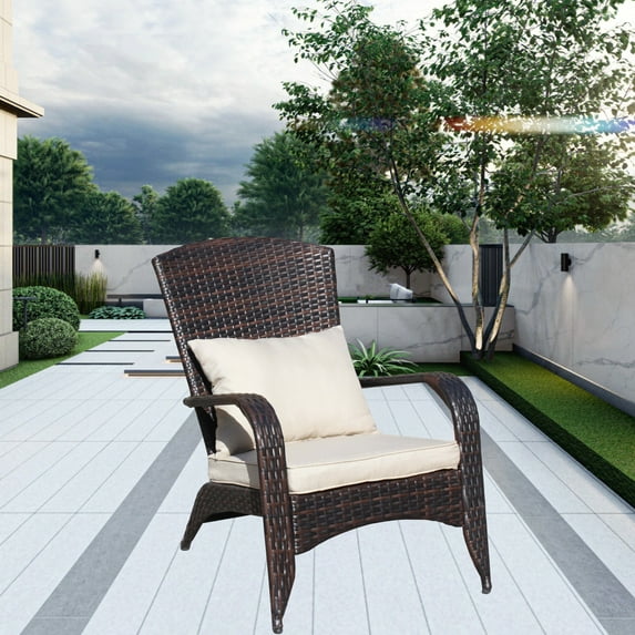 Patio Chair with Beige Cushions, PE Rattan & Iron Frame Outdoor Seating, Waterproof Fabric Lounge Chair for Garden, Deck, Poolside - All-Weather Durable Patio Furniture