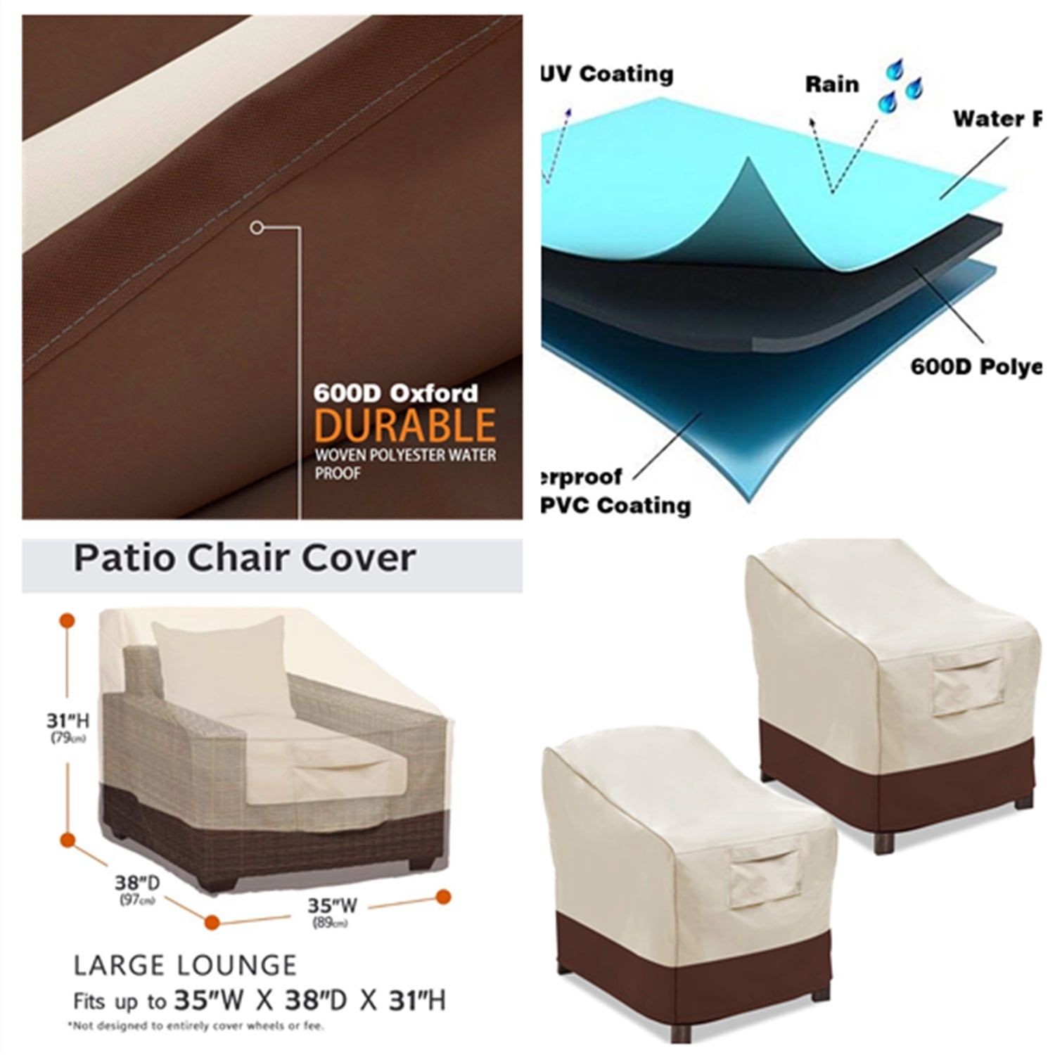 Patio Chair Covers, Lounge Deep Seat Cover, Heavy Duty and Waterproof Outdoor Lawn Patio Furniture Covers (2 Pack - Large, Beige & Brown)