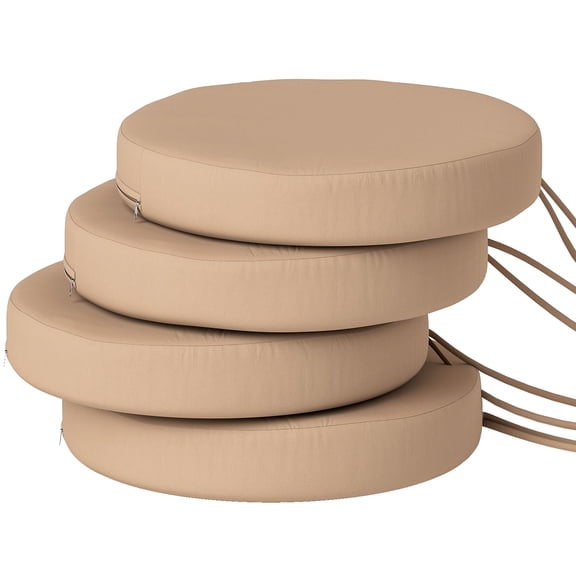 Patio Chair Cushions Set of 4, 15" Round Seat Cushions for Dining and Bistro Chairs, 2.8" Thick Foam Padding, Non-Slip Ties, Machine Washable, Khaki Outdoor Cushions