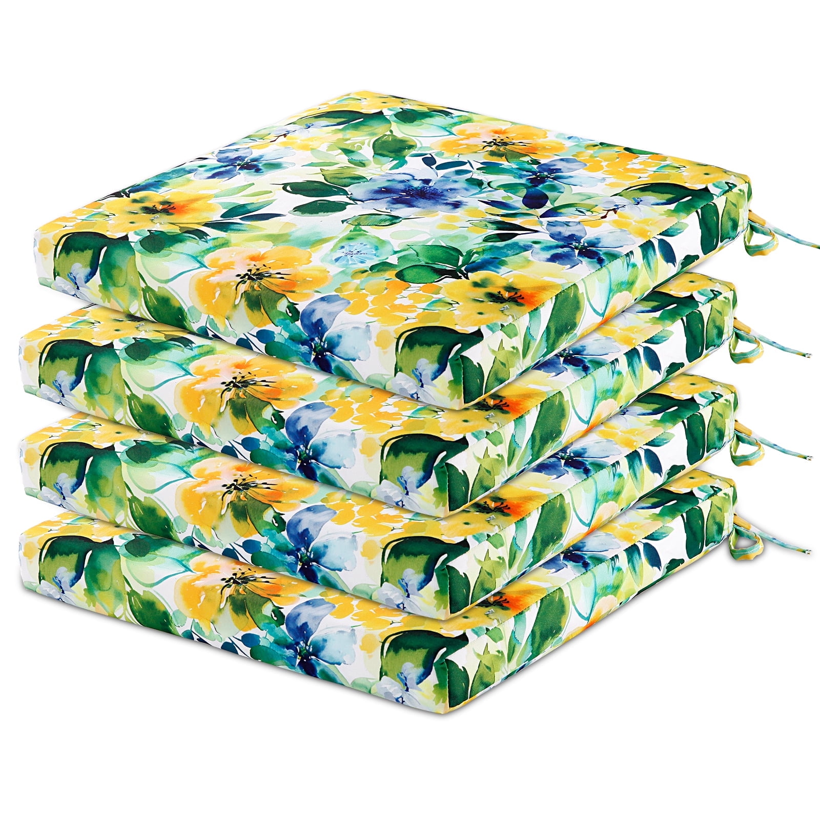Patio Chair Cushions Set of 4, Outdoor Seat Cushions for Patio Furniture 17 x 17 Inch, Indoor Square Corner Dining Chair Pads Set with Ties and Inner Dust Cover, (Flower Blue)
