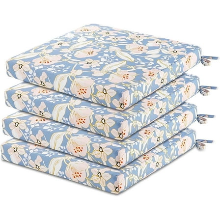 Patio Chair Cushions Set of 4, Outdoor Seat Cushions for Patio Furniture 17 x 17 Inch, Indoor Square Corner Dining Chair Pads Set with Ties and Inner Dust Cover, (Flower Blue)