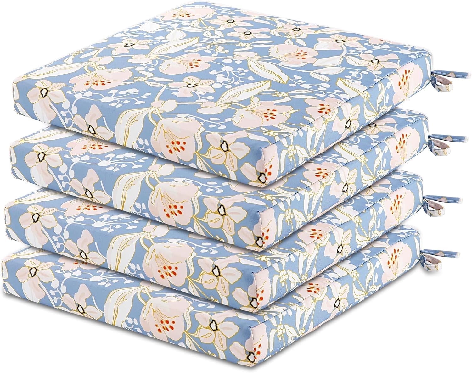 Patio Chair Cushions Set of 4, Outdoor Seat Cushions for Patio Furniture 19 x 19 Inch, Indoor Square Corner Dining Chair Pads Set with Ties and Inner Dust Cover, (Dark Blue)