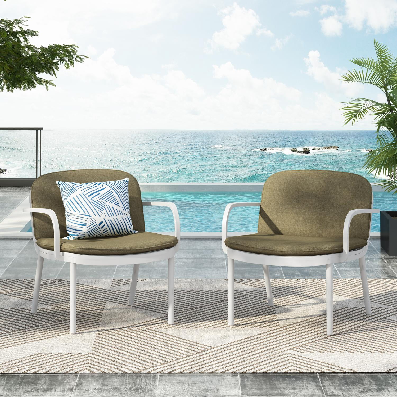 Patio Chair Set, Outdoor Club Chairs with All-Weather PP Frame and Fade-Resistant Cushion, Ergonomic Design for Patio and Balcony, Set of 2 Chairs, White Frame with Green Cushion