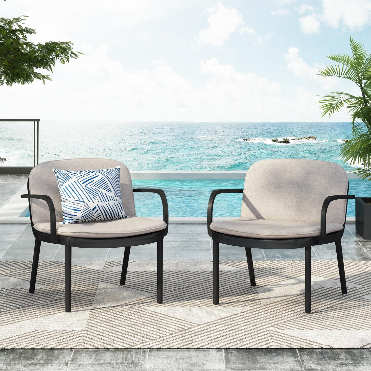 Patio Chair Set, Outdoor Club Stools with High-Density PP Frame and Water-Repellent Fabric Cushion, Lightweight Portable Design for Garden and Backyard, Set of 2 Chairs, Black