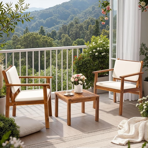 3-Piece Acacia Wood Outdoor Conversation Set with Coffee Table and Cushions for Patio, Balcony, or Backyard