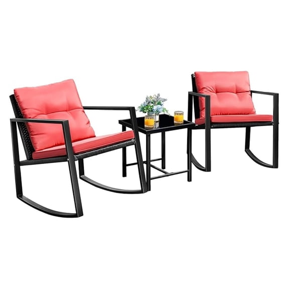Patio Chairs 3 Piece Wicker Rocking Chair Outdoor Bistro Sets with Coffee Table and Cushions Metal Frame Patio Furniture for Porch, Balcony, Lawn (Red)