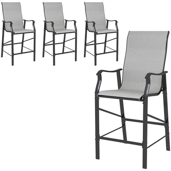 Patio Chairs Bar Stools Set of 4,Outdoor Bar Height Chairs with High Back and Armrest,Metal Frame and Breathable Textilene for Balcony,Pool,Deck,Garden(Grey White)$$Garden & Patio