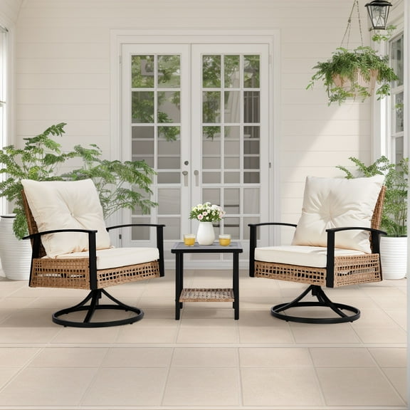 Patio Chairs Set of 2, 3pcs Outdoor Patio Furniture Set Swivel Rocker with Coffee Table, Rattan Wicker Patio Bistro Set Elegant Hollow Design, Black Iron Frame, Thickened Cushions