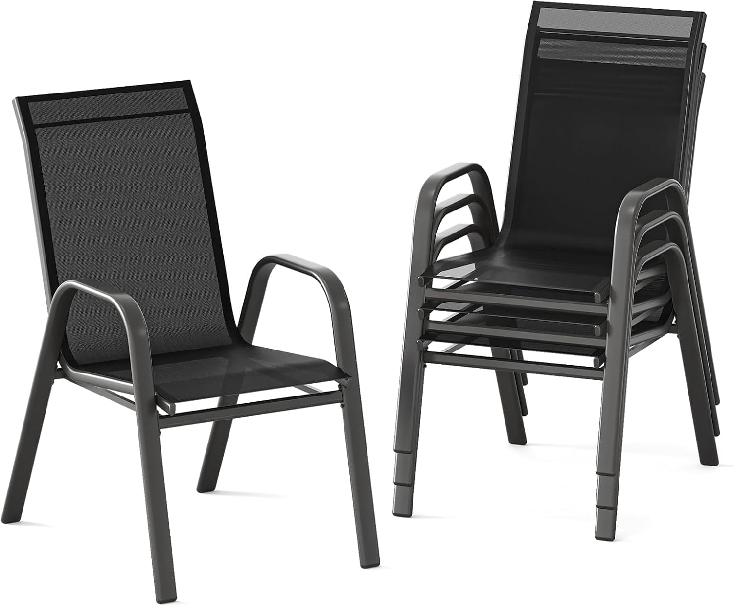Patio Chairs Set of 4, Outdoor Stackable Dining Chairs with Textilene Fabric, All Weather Deck Stacking Chairs with High Back for Backyard Poolside Garden Balcony, Black