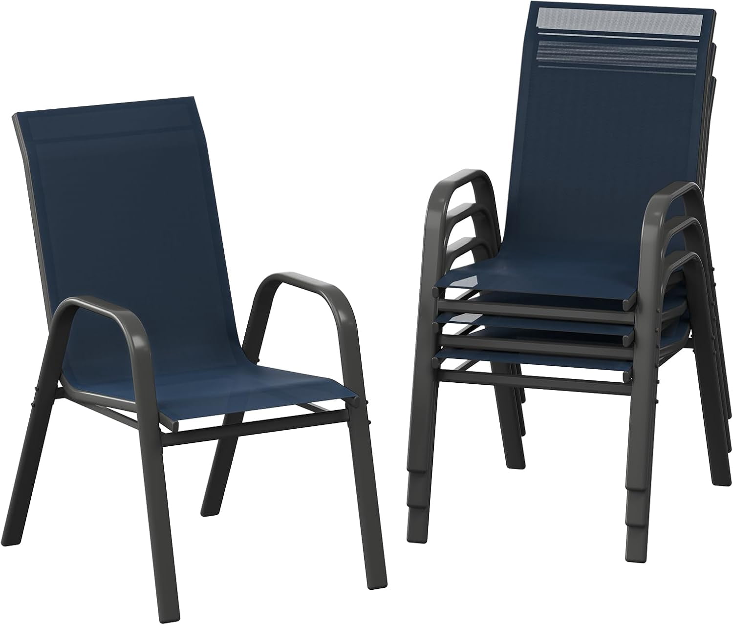 Patio Chairs Set of 4, Outdoor Stackable Dining Chairs with Textilene Fabric, All Weather Deck Stacking Chairs with High Back for Backyard Poolside Garden Balcony, Navy Blue