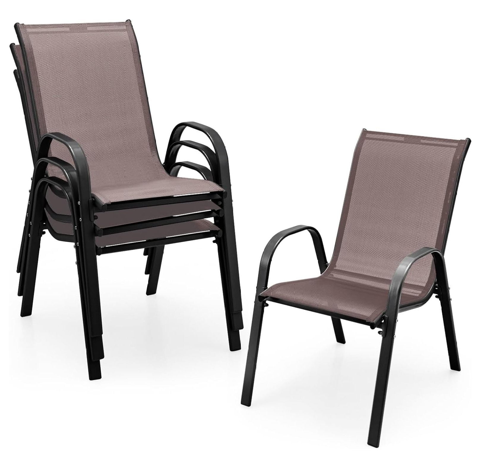 Brown Stackable Patio Dining Chairs with Curved Armrests