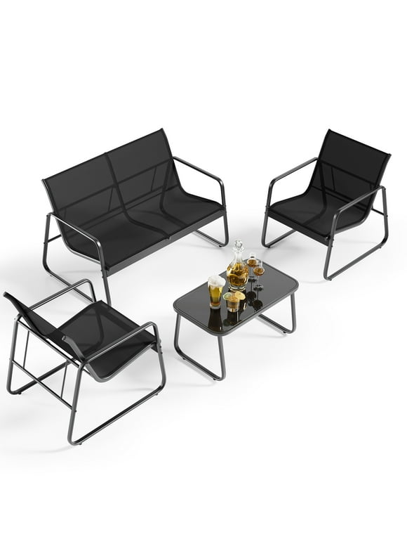 Patio Chairs Set, Outdoor Porch Balcony Furniture Set with Glass Coffee Table, 4 Pieces Patio Furniture Set Clearance with Loveseat, Black(Upgraded)