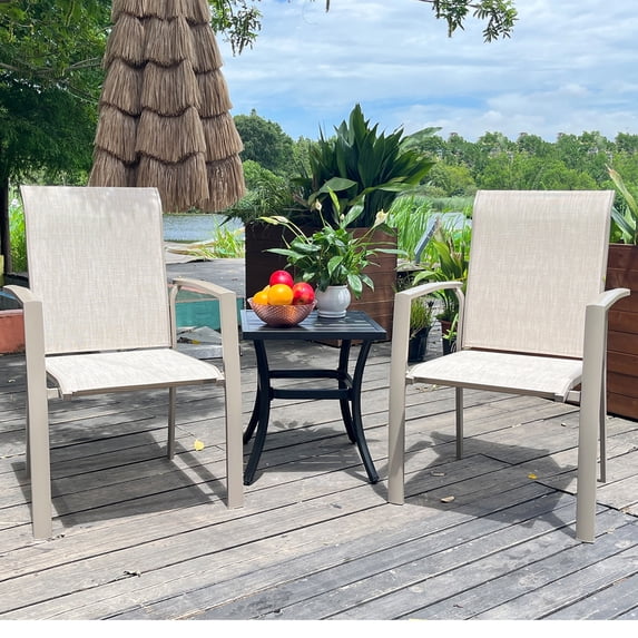 Patio Chairs Set of 2,All Weather Outdoor Stackable Dining Chairs with Armrest,Breathable Garden Outdoor Furniture for Backyard Deck,Cream