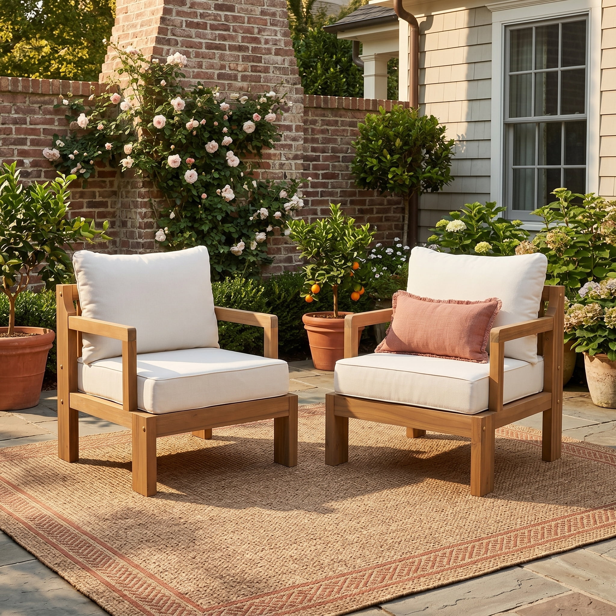 Patio Chairs Set of 2, Outdoor Acacia Wood Seating Chairs for Garden Deck, Natural and Beige