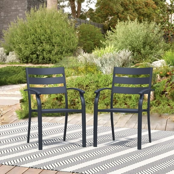 Patio Chairs Set of 2, Stackable Black Metal Dining Chairs with Armrest - 300LBS Capacity, Ideal for Garden & Backyard