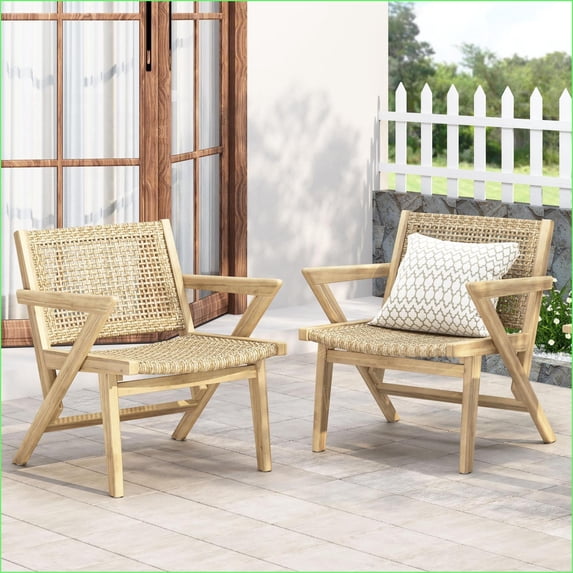 Patio Chairs Set of 2 Transitional Acacia Wood Woven Wicker | Light Brown | Wicker