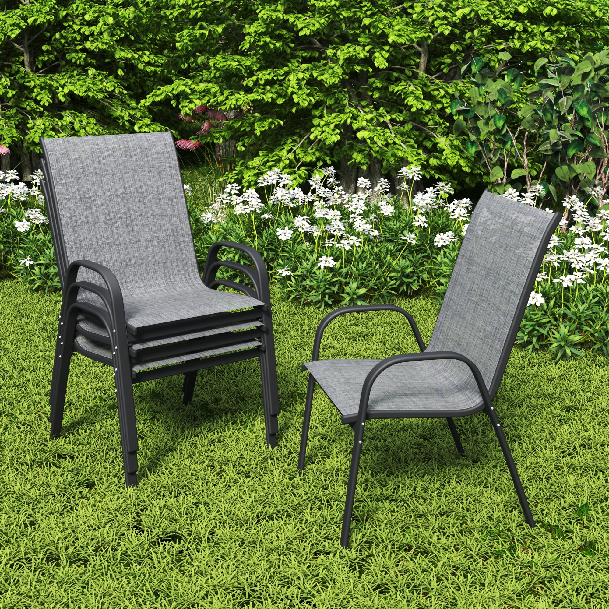 Stackable Metal Patio Chairs Set of 4, Outdoor Dining Chairs with Arms